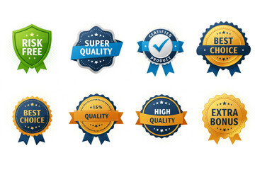 Assorted graphic badges showcasing qualities like risk free, super quality, best choice, high quality and extra bonus designs.