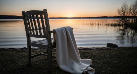 Wooden chair with blanket overlooking tranquil lake at sunset with reflection on the water surface