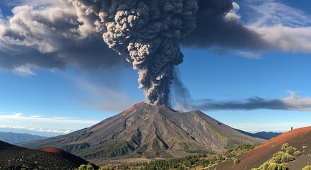 Volcano erupting with a large plume of smoke against a blue sky.