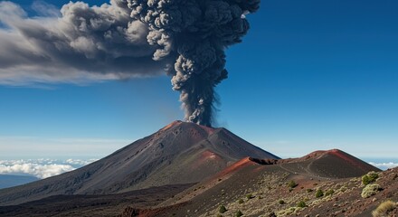 Volcano erupts with smoke and ash against a blue sky scenic landscape.