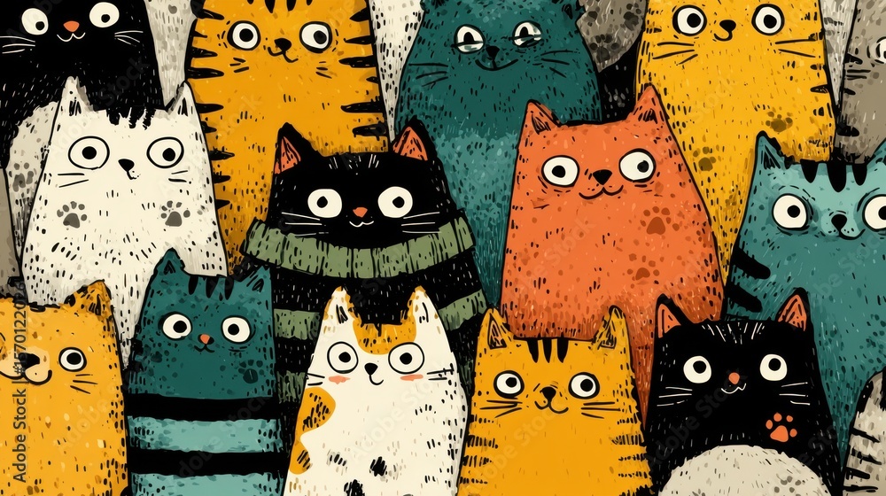 Poster a group of cats with different colors and patterns are staring at the camera. the image has a playfu
