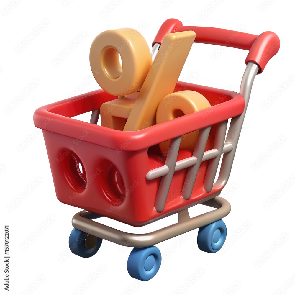 Poster 3d red shopping cart filled with percentage symbols isolated on transparent background