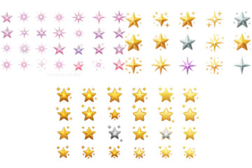 Various golden stars with different designs and colors, offering sparkling effects ideal for festive decorations or magical themed artworks.
