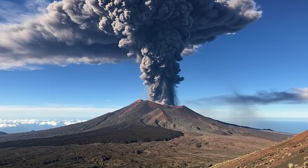 Volcano erupts spewing ash and smoke into the sky under a blue sky.