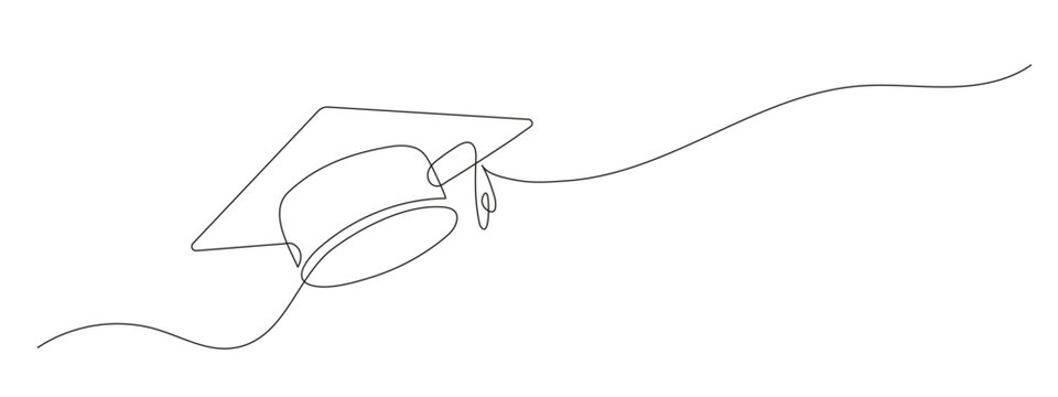 Graduation cap in one continuous line drawing. Minimalist vector illustration of academic celebration, achievement or education success. Simple linear style, isolated on white background.