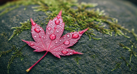 Red maple leaf covered in water droplets resting on a mossy rock surface in soft lighting