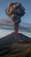 Volcano erupting with smoke and ash against a blue sky.
