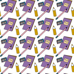 Seamless pattern with study books, pens and pencils, stationery for study, digital illustration.