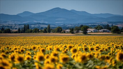 Scenic Sunflower Field: Vibrant Yellow Blooms Against Mountain Backdrop in Tranquil Farmland