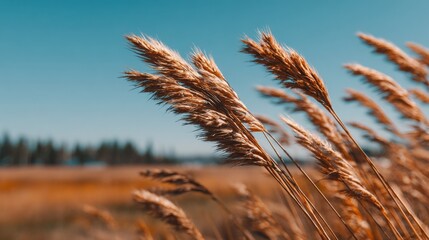 Golden Grasses Rustling in the Breeze: Serene Autumn Landscape Under Clear Blue Sky