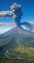 Volcano erupting with smoke and ash against a blue sky and green landscape.