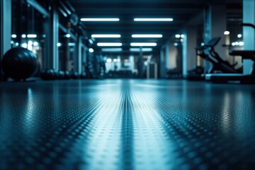 Interior View of empty gym equipment, fitness machines, and shiny floor reflecting daylight