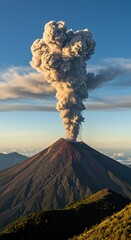 Volcano erupting with smoke and ash against a blue sky and green landscape.