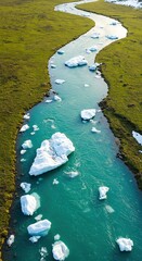 River with icebergs flows through a green landscape aerial view.