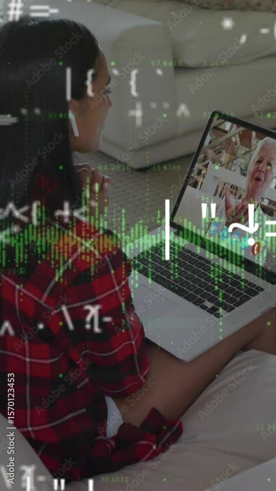 Poster animation of numbers changing and graphic equalizer changing over woman using laptop on video call