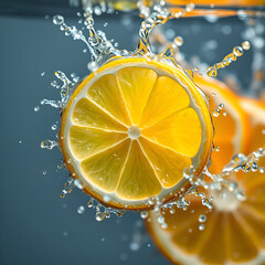 macro of lemon and orange slices dropped into water, high speed photography freeze frames water droplets. JPEG, 4.5MB, 12x12in, 3600x3600px, 300p/i