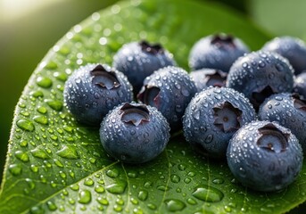 Blueberries on leaf, wet from dew.  Fresh Green Plant with Dew Drops Macro Nature Detail