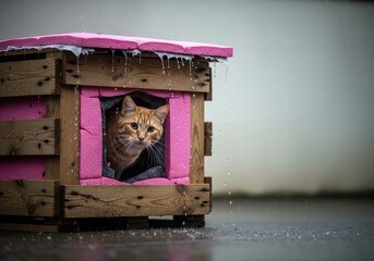 Funny Cat Peeking from Wooden Pink Pet House