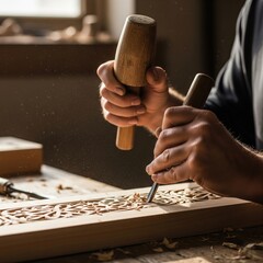 Craftsman Working with Leather Using Mallet Handmade