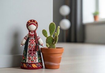 doll in traditional clothing stands next to cactus in orange pot on wooden floor. Cute Handmade Folk Doll and Small Cactus in Pot