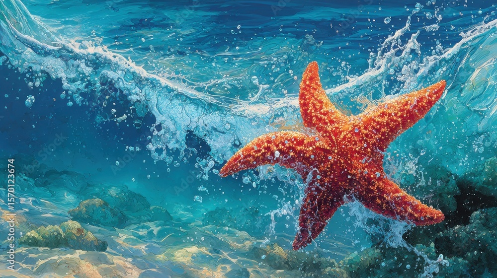 Aufkleber a red starfish is in the ocean with a wave in the background. the image has a calming and peaceful m