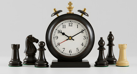 Chess clock with chess pieces on a gray background, focusing on time management in chess game
