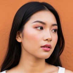 Obraz premium Young asian female with long hair against orange wall