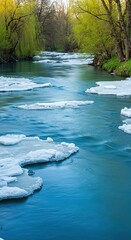 River flows through a forest with ice on the water and sunlight.