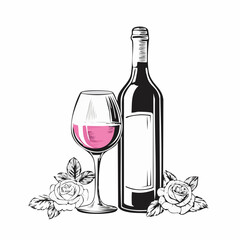 Bottle and glass with rose Wine Vector Image isolated on white background.