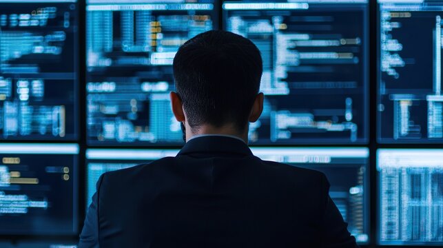 Cybersecurity expert monitoring network security, multiple monitors,