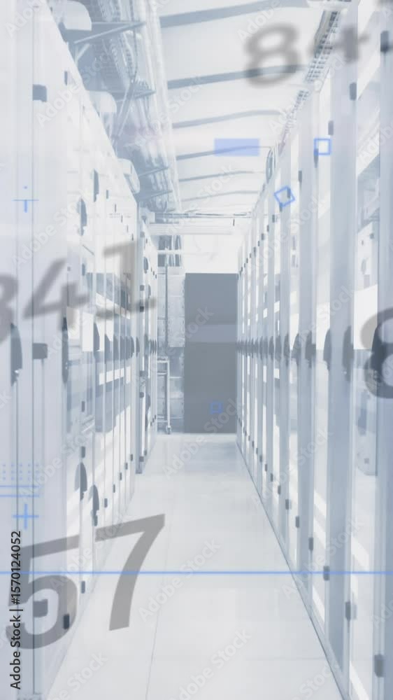 Poster digital composite video of multiple changing numbers against empty server room