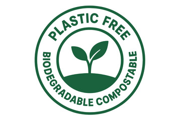 Round green and black symbol, 100% biodegradable and compostable, plastic free icon