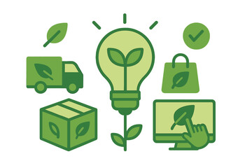 Eco-friendly product and marketing vector illustration, incorporating green concepts with related icons for shipping, delivery, sustainable procurement, and environmentally responsible online