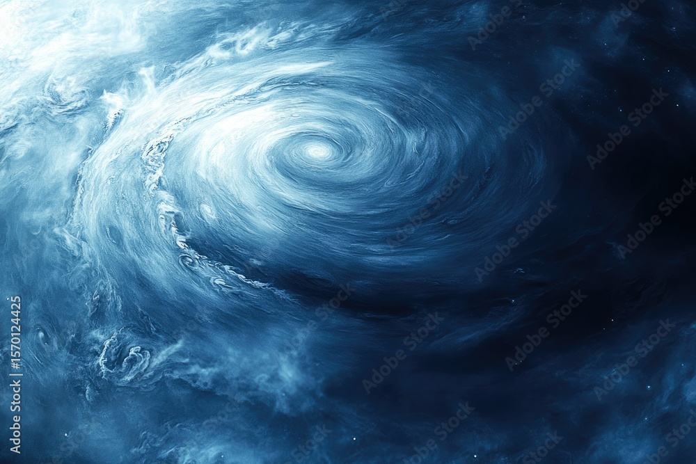 Poster a swirling vortex of cosmic clouds, deep blues and whites create a mesmerizing celestial phenomenon.