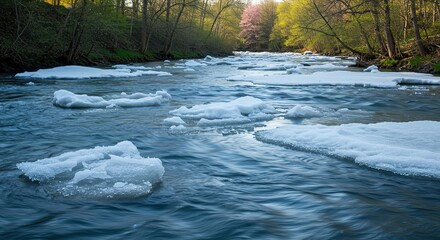 River flows through a forest with ice floating on the water surface.