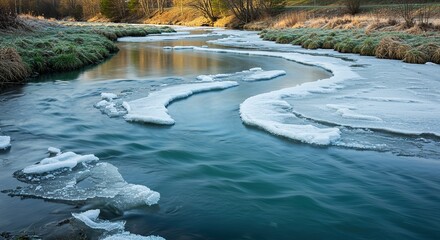 River flows with ice formations along the edges and center on a cold day.