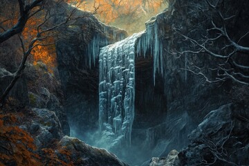 A frozen waterfall cascades down icy rocks in a mystical winter forest, creating a breathtaking scene.