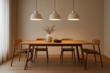 Modern dining room interior with wooden furniture and stylish decor