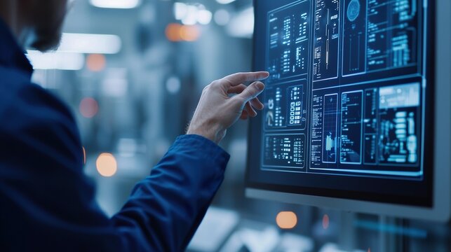 Digital twin of manufacturing plant being monitored in real-time, transparent overlay of equipment status and output rates,