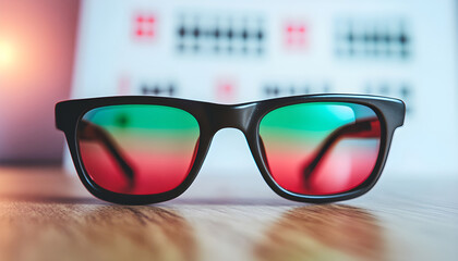 Color blindness test chart with trial lens frame and 3D glasses on wooden table. Eye exam medical check, vision correction, pro diagnostics, measuring eyesight, health. Optometry concept