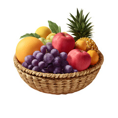 Abundant wicker basket filled with fresh apples grapes oranges and pineapple isolated on transparent background