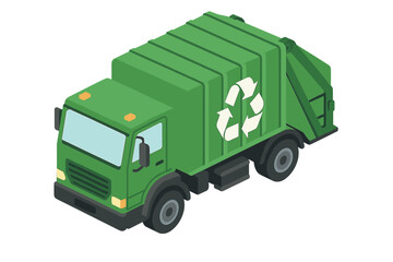 Vector illustration of an isometric garbage truck featuring a recycling symbol, symbolizing waste management, isolated on a white background