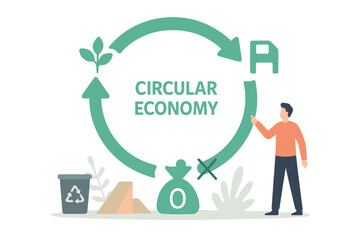 Illustration of a circular economy system featuring a tiny person and a resources saving strategy, set against a transparent background, highlighting the importance of recycling management in saving