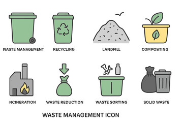 A set of waste management icons, including waste management, recycling, landfill, composting, incineration, waste reduction, garbage disposal, waste sorting, and solid waste, in a simple line vector