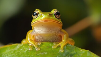 Close-up of a vibrant green frog perched on a leaf.
