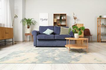 Interior of modern room with comfortable sofa, coffee table and houseplant