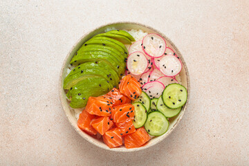 Poke bowl, a traditional hawaiian dish with diced raw salmon, avocado, vegetables served with rice and vegetables, a healthy meal on light background
