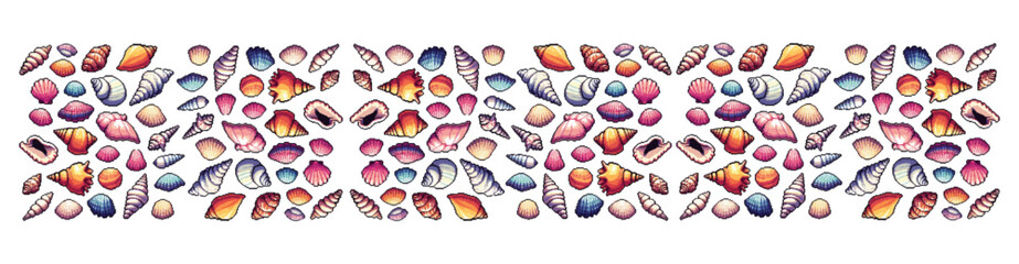 Colorful collection of various seashell shapes and designs.