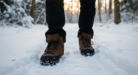 Hiking Legs in Warm Boots Walking Through Deep Snow in Winter Forest