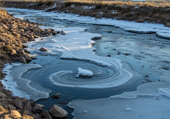Partially frozen river with ice formations and rocky banks under sunlight.
